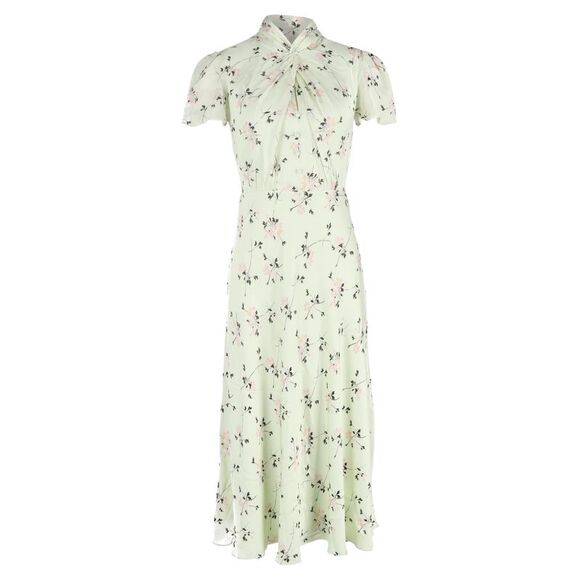 Self-Portrait Twist-Front Floral-Print Midi Dress in Mint...